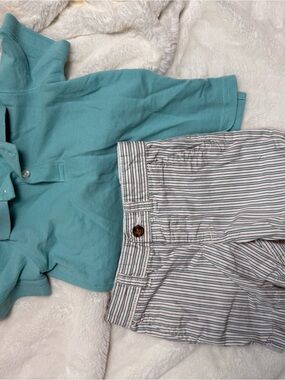Carter's Turquoise Polo Shirt with Blue-Striped Shorts Set, 2T